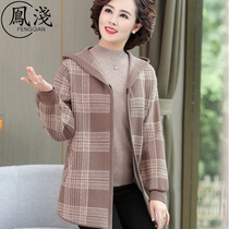 2020 new middle-aged and elderly womens knitted coat 40 years old 50 middle-aged mother womens autumn cardigan hooded coat