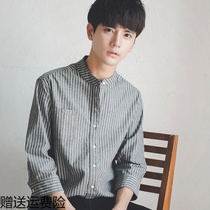 Summer student Korean slim-fit vertical stripes 7 seven-point casual shirt trend Ruffian short-sleeved shirt mens handsome