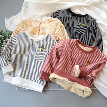 Children plus velvet stripes deer plus velvet base shirt baby winter warm cartoon T-shirt Korean cute