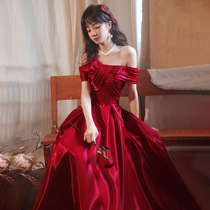 Shoulder light luxury toast wine dress wine red evening dress bride high-end atmosphere 2021 New satin banquet temperament