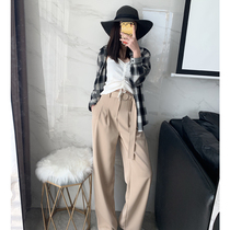 Wide-legged pants womens spring and autumn high waist vertical straight pants belt white pants womens loose Joker thin mop pants women