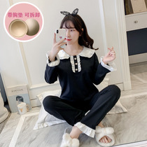 Long-sleeved pure cotton pajamas with chest pad womens spring and autumn Korean version sweet and cute girl lapel thin home service suit