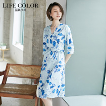 One-piece dress 2020 Summer new slim slim vneck half-sleeve long printed chiffon wrap skirt