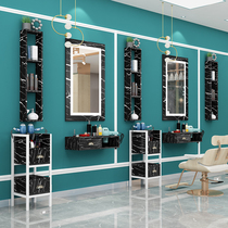 Haircut mirror table hanging wall solid wood cabinet integrated tide beauty hair shop mirror single sided LED light marble bronzed mirror