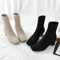 Early Autumn small boots womens 2020 spring thick-heeled elastic knitted boots with a wild short tube square head net red thin boots
