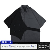 PCLP (PERCLIPS)fake two-piece short-sleeved shirt National tide brand summer tooling Japanese Hong Kong style half-sleeved shirt men