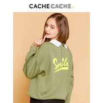 CacheCache sweater womens spring tide Korean version fake two-piece polo collar sweater green loose long-sleeved wild