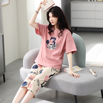 Sleepwear women Summer pure cotton short sleeves Home Clothing Thin Korean version Katong cute suit Seven Pants can be worn outside pyjamas