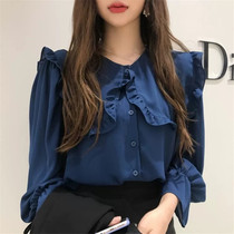 2022 Spring and autumn new Korean version ins Long sleeves shirt female design sensation Little crowned dolls collar snow-spinning shirt blouses women