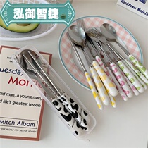 Student cute stainless steel portable tableware set chopsticks spoon Fork three-piece set travel office single