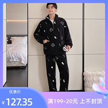 Pyjamas Mens autumn Winter Coral Suede Cartoon Zipper Upright Collar Plus Suede Thickened Net Red exterior wearing a soft stretches of home clothes