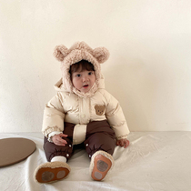 Korean version of ins Wind winter baby plus velvet thick jumpsuit men and women baby bear cotton clothes out of clothing