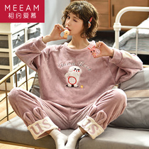  Pajamas without underwear Womens autumn and winter student bedroom coral velvet long-sleeved home clothes set net red