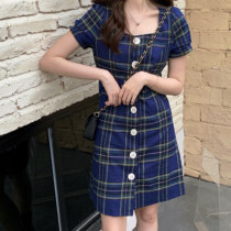 Sandro bassa French style vintage blue plaid dress with dress lady square collar gas light cooked wind single row button skirt