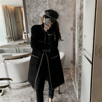 Korean counter autumn and winter New fragrant grandmother wind black woolen coat celebrity temperament medium long Joker thick coat