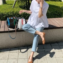 Doll-shirt female Korean version Summer 2021 round collar cover head short sleeve a-shape splicing loose fluffy blouse white