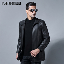 Labov Fur Coat Men Genuine Leather Money Business Casual Jacket Mid-Aged Autumn Winter Style Black Turtleneck-Free