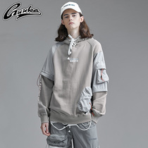 GUUKA gray sweatshirt male hooded early spring youth hip-hop printing splicing fake two sports sweater loose