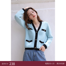 Deer and Birds Autumn New Retro Loose Contrast Color V-Neck Sweater Knit Cardigan (Haiyan Daydream) 4529