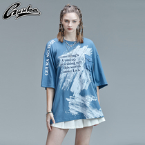 GUUKA Tide brand fog blue short sleeve T-shirt female summer hip hop sports paint logo printing cotton half sleeve T female loose