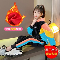 Childrens clothing girls autumn and winter foreign style golden velvet set 2020 new large childrens sports sweater thick two-piece set