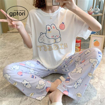 Japanese pajamas womens summer short-sleeved trousers pure cotton comfortable mid-sleeve thin section can be worn outside cute home service two-piece set
