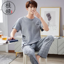 Pajamas men summer cotton thin short sleeve trousers teenagers home clothes plus large size summer simple set can go out