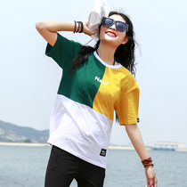 Outdoor New Women Style Collision Color Splicing Short Sleeves T-shirt Hiking Casual Sucking Cotton blouses Undershirt Tide