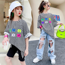 Korean fried street childrens clothing girl Xia Han style ripped jeans girls loose T-shirt hip hop street dance suit performance dress