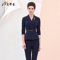 Deep Blue professional suit temperament fashion simple design sense slim body slim sleeve sleeve professional wear overalls pants