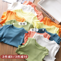 Girl short sleeve T-shirt 2022 Summer crater elastic 100 lap vest Childrens baby pure cotton foreign air slapped bottom jacket