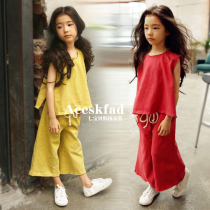 Korean childrens clothing 2021 summer new girl cotton short sleeve T-shirt nine wide leg pants set parent-child two-piece