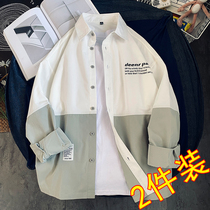 Mens long sleeve shirt Hong Kong wind Japanese autumn high school students thin coat loose trend casual work shirt