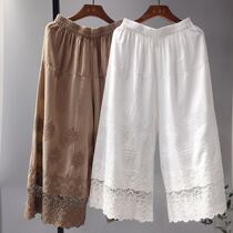 2021 Spring Summer Art Embroidery Flowers Hollowed-out Lace Floral Lace Loose Casual Pants Broadlegged Pants Inner Lap Cotton Linen 90% Pants