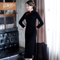 Golden velvet cheongsam modified dress female young girl long autumn solid color banquet catwalk dress