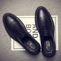 Tide brand spring summer and autumn 2021 new men's British casual formal dress Korean trend youth carved brock black leather shoes