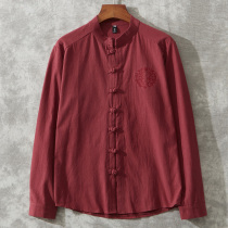 Cotton and linen long sleeve shirt mens disc buckle embroidery Chinese style retro shirt autumn bottoming shirt antique shirt