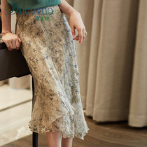 Ducurno small fresh and broken lotus leaf edge splicing light flutter silk female strap half body dress female spring summer