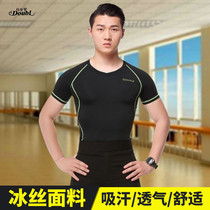 Dampao mens Latin dance short sleeve blouses Practice Martial Arts and Dance Round Collar Dance Upper the ice Silk Body T-shirt