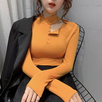 Half-height collar bottom-shirt woman inside lap 2019 autumn and winter foreign air Eurostock Sexy dew shoulder collarbone blouses cardiator t-shirt tide