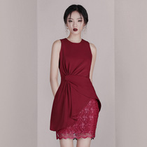 Thai Tide fashion celebrity dress red irregular top lace hip skirt two-piece dress