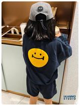 iiammo spring and summer new original design three-dimensional woolen embroidery smiley childrens neutral T-shirt trousers suit