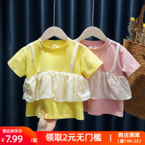 Girls short-sleeved T-shirt 2021 summer Korean version of childrens net Red foreign gas fake two-piece shirt baby half-sleeve summer dress
