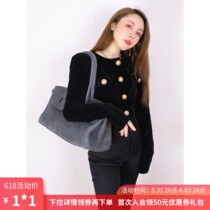 7-fold clear cabin waffles cake with snap-button one-piece black knit round collar bottom-shirt woman design feel blouse