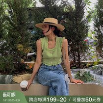 deessesicile French style trendy blogger wind green streaming Su coarse flower vests waistcoat waistcoat for short blouses