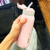 Fresh Korean blue thermos cup female student couple with straw water Cup literary portable creative childrens Cup