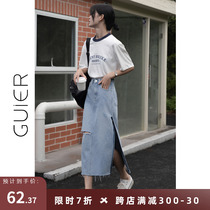 GUIER Hole Opening Fork Cowboy Half Body Skirt Woman 2022 Summer slimmer with slim fit high waist a word dress