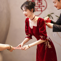 Toast Bride Evening Dress 2021 New Autumn and Winter Long Back to the Door Wedding Wine Red Long Sleeve Cover Arm Temperament