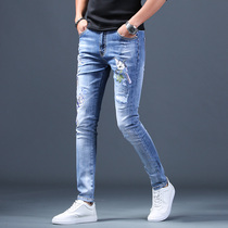 Tide brand spring and summer new embroidered hole jeans mens light blue Korean version of the trend of elastic small feet casual pants