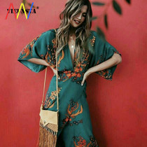 Women Deep V-neck Floral Print Boho A- Line Autumn Long Dress
